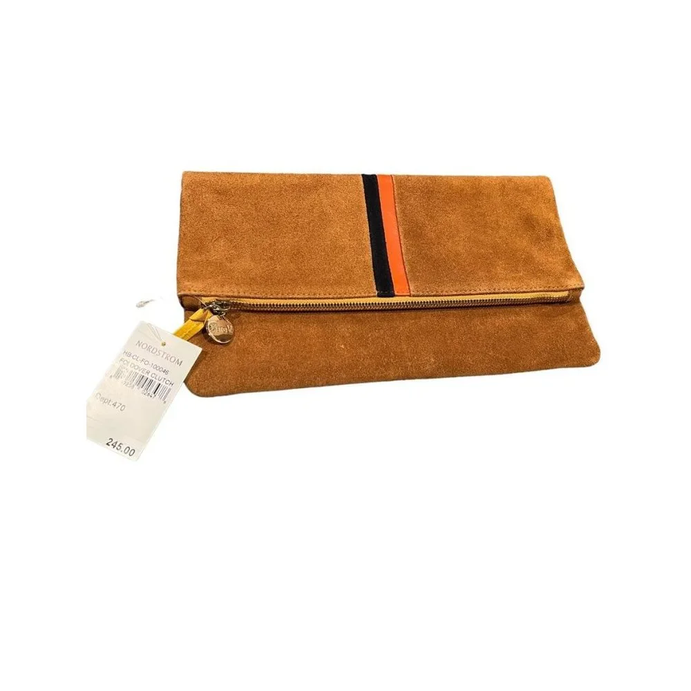 Clare V Camel Stripe Suede Leather Foldover Clutch Purse - Picture 11 of 13